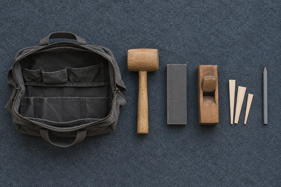 Von oben: offene Werkzeugtasche auf grauem Filz, daneben Klüpfel, Schleifklotz, Hobel, Holzkeile und ein Bleistift in einer Reihe